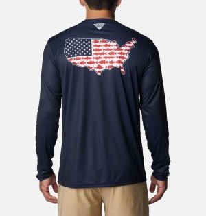 Navy Men's Columbia PFG Terminal Tackle Statetriot Long Sleeve T-Shirt | CDRGE-1643