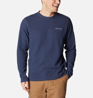 Navy Men's Columbia Pine Peak II Waffle Long Sleeve Crew T-Shirt | YWJVN-3792