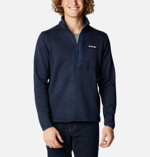 Navy Men's Columbia Sweater Weather Fleece Half Zip Pullover | UQBSJ-8493