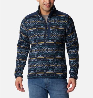 Navy Men's Columbia Sweater Weather II Printed Fleece Half Zip Pullover | KGRPQ-8719