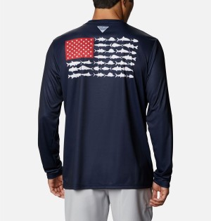 Navy Men's Columbia Terminal Tackle PFG Fish Flag Long Sleeve T-Shirt | OVXEG-9867