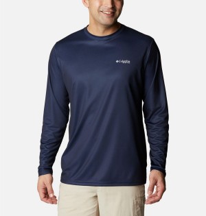 Navy Men's Columbia Terminal Tackle PFG Fish Flag Long Sleeve T-Shirt | IZSFN-4390