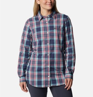 Navy Women's Columbia Anytime Patterned Long Sleeve Shirt | MLWPR-0456