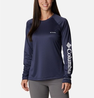 Navy Women's Columbia Fork Stream Long Sleeve T-Shirt | HNBLX-9607