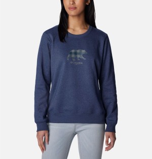 Navy Women's Columbia Hart Mountain II Graphic Crew Pullover | WJBYE-2106