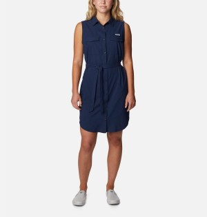 Navy Women's Columbia PFG Sun Drifter Woven II Dress | WBJKH-4190