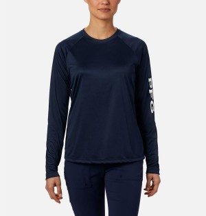 Navy Women's Columbia PFG Tidal II Long Sleeve T-Shirt | VAJZM-5619