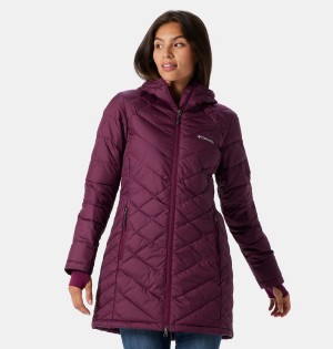 Purple Women's Columbia Heavenly Long Hooded Puffer Jacket | OHXIT-1265