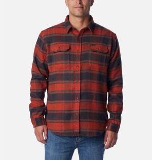 Red Men's Columbia Deschutes River Heavyweight Flannel Shirt | HXOMS-0163