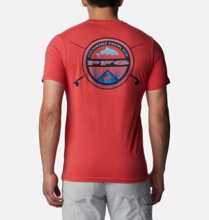 Red Men's Columbia PFG Gharet Graphic T-Shirt | CEZLR-4703