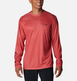 Red Men's Columbia PFG Terminal Tackle Fish Star Long Sleeve T-Shirt | DZOEK-6937