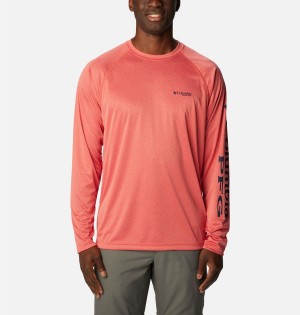 Red Men's Columbia PFG Terminal Tackle Heather Long Sleeve T-Shirt | HSZJA-7083