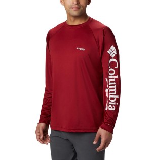 Red Men's Columbia PFG Terminal Tackle Long Sleeve T-Shirt | PYTIC-6537