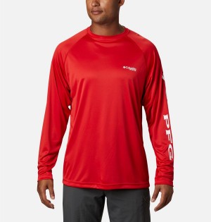 Red Men's Columbia PFG Terminal Tackle Long Sleeve T-Shirt | DFVWI-9437