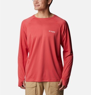 Red Men's Columbia PFG Zero Rules Ice Long Sleeve T-Shirt | ZLAGR-5097