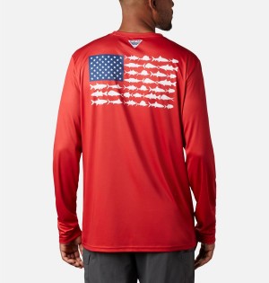 Red Men's Columbia Terminal Tackle PFG Fish Flag Long Sleeve T-Shirt | HXKUJ-4205