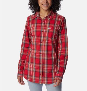 Red Women's Columbia Anytime Patterned Long Sleeve Shirt | FDQRX-4586