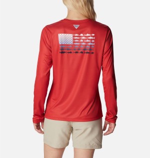 Red Women's Columbia Tidal PFG Fish Flag Long Sleeve T-Shirt | CODRE-4871