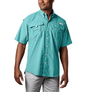 Turquoise Men's Columbia PFG Bahama II Short Sleeve Shirt | RGUMH-6821