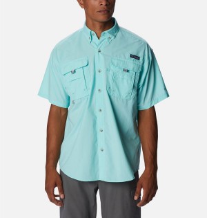 Turquoise Men's Columbia PFG Bahama Icon Short Sleeve Shirt | MXQEO-1542