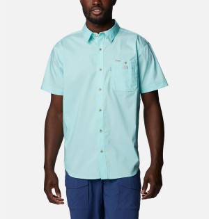 Turquoise Men's Columbia PFG Bonefish Short Sleeve Shirt | FMOQT-8320