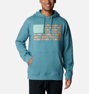 Turquoise Men's Columbia PFG Fish Flag II Hoodie | LUWBI-5084