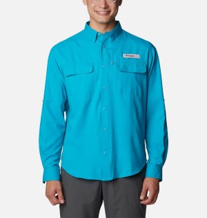 Turquoise Men's Columbia PFG Skiff Guide Woven Long Sleeve Shirt | CJGQK-2836