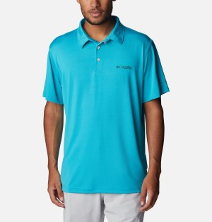 Turquoise Men's Columbia PFG Slack Tide Stretch Polo Shirt | JKXFD-8425