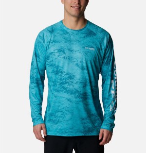 Turquoise Men's Columbia PFG Super Terminal Tackle Long Sleeve T-Shirt | HTAVP-3759