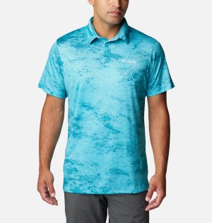 Turquoise Men's Columbia PFG Super Terminal Tackle Polo Shirt | PHQAK-6432