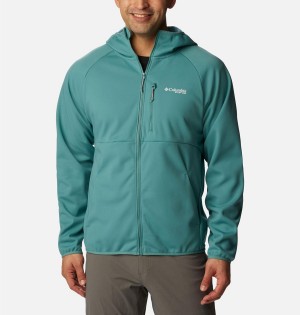 Turquoise Men's Columbia PFG Terminal Stretch Hooded Softshell Jackets | TCYQL-2704