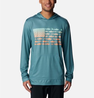 Turquoise Men's Columbia PFG Terminal Tackle Fish Flag Hoodie | NTZGO-8231