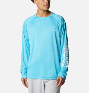 Turquoise Men's Columbia PFG Terminal Tackle Long Sleeve T-Shirt | TEBIN-4801