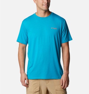 Turquoise Men's Columbia PFG Triangle Fill Tech T-Shirt | LCNKT-0728