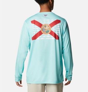 Turquoise Men's Columbia Terminal Tackle PFG Fish Flag Long Sleeve T-Shirt | FTAMK-1967