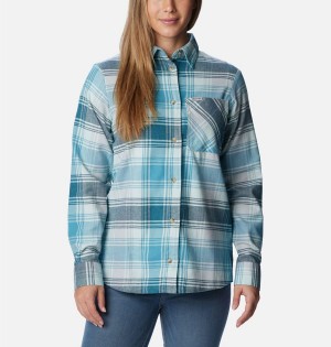 Turquoise Women's Columbia Calico Basin Flannel Long Sleeve Shirt | NPQCZ-2815