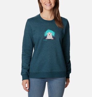 Turquoise Women's Columbia Hart Mountain II Graphic Crew Pullover | ZNGMV-4109