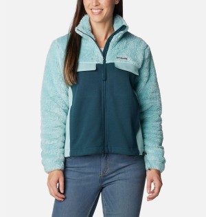 Turquoise Women's Columbia Lodge Hybrid Sherpa Full Zip Fleece Jacket | HBKLW-7096