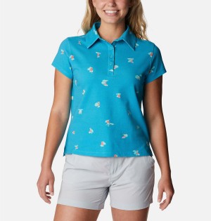 Turquoise Women's Columbia PFG Super Sun Drifter Short Sleeve Polo T-Shirt | CTMJW-7820