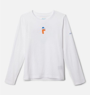 White Kids' Columbia Dobson Pass Long Sleeve Graphic T-Shirt | OVQNI-4321