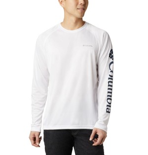 White Men's Columbia Fork Stream Long Sleeve T-Shirt | BKAJO-6502