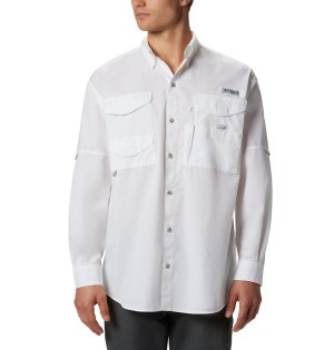 White Men's Columbia PFG Bonehead Long Sleeve Shirt | NGWAV-3478