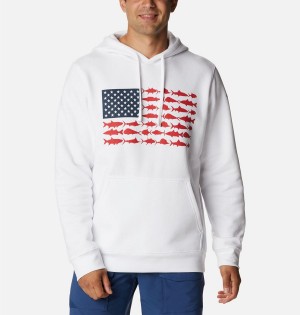 White Men's Columbia PFG Fish Flag II Hoodie | HUADX-6742