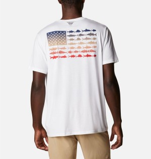 White Men's Columbia PFG Fish Flag Tech Short Sleeve T-Shirt | IQFJR-3219