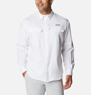 White Men's Columbia PFG Skiff Guide Woven Long Sleeve Shirt | EVYAC-8172