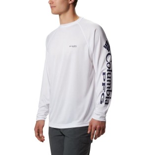 White Men's Columbia PFG Terminal Tackle Long Sleeve T-Shirt | AZHIK-1398