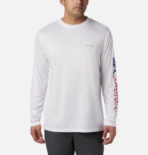 White Men's Columbia Terminal Tackle PFG Logo Print Long Sleeve T-Shirt | TIQXB-8036