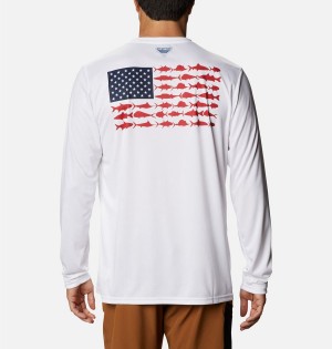 White Men's Columbia Terminal Tackle PFG Fish Flag Long Sleeve T-Shirt | BUSRZ-2617