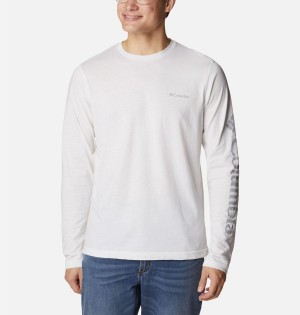 White Men's Columbia Thistletown Hills Long Sleeve Logo T-Shirt | HQSTJ-0641