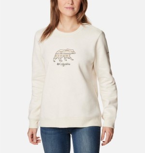 White Women's Columbia Hart Mountain II Graphic Crew Pullover | QVGYJ-8457